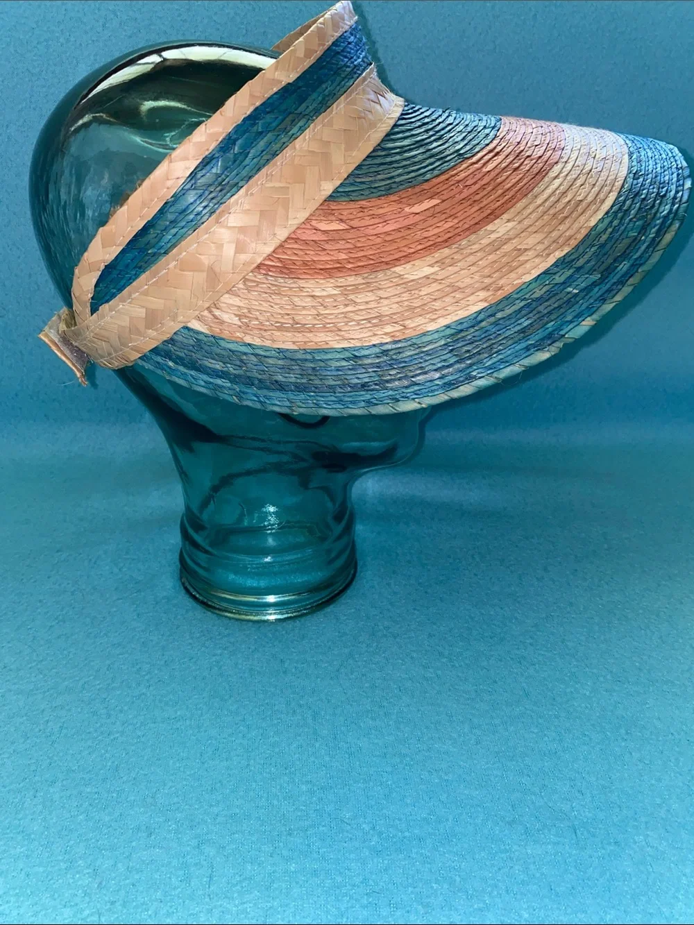 Handmade palm straw striped wide brim adjustable visor sun beach hat size OSFA